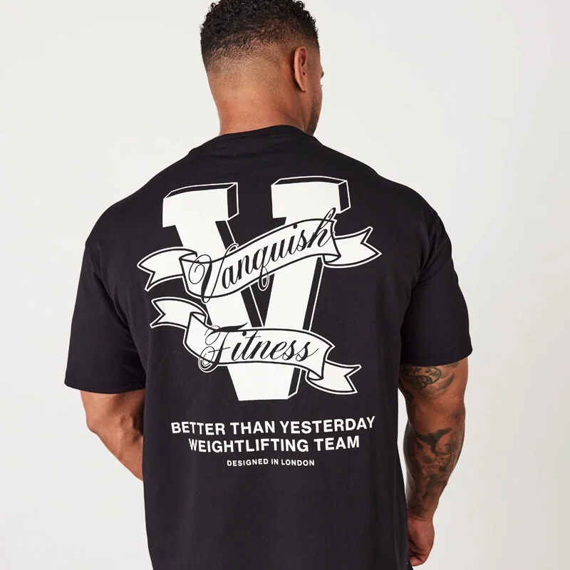 Vanquish Fitness Men Gym T-shirt Weightlifting Team Back Print Tee BETTER THAN YESTERDAY Workout Fitness Cotton Short