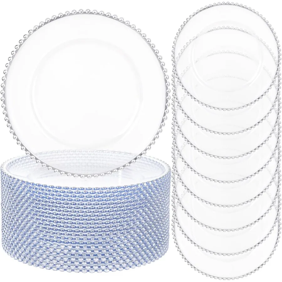 

20pcs Clear and Silver Charger Plates 13inch Plastic Charger Plates Plastic Round Dinner Plate with Beaded Rim for Home Birthda