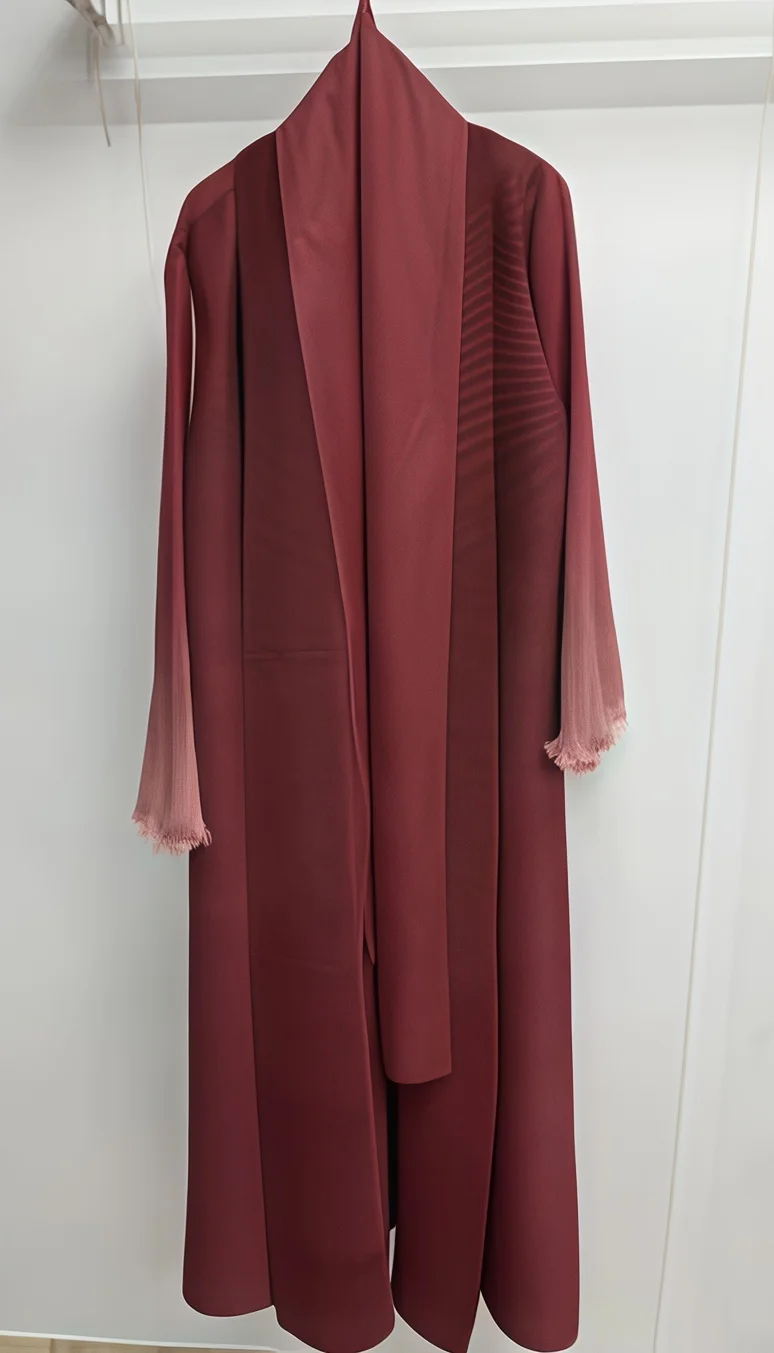 Faltbare Damen-Plissee-Abaya mit Schal – Olivgrüne Wellenmanschette, Bescheidenes Kleid-Set im Nahost-Stil, Neuheit 2025 – Modische Kleidung – Detail 4