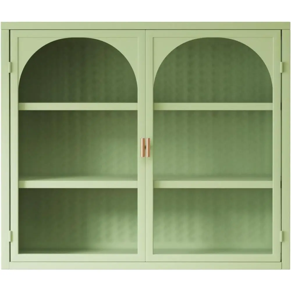 Green Two-Door Glass Wall Cabinet with Woven Three-Tier Storage, 27.56