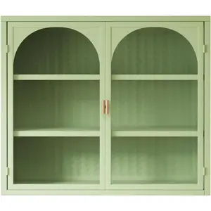 Green Two-Door Glass Wall Cabinet with Woven Three-Tier Storage, 27.56