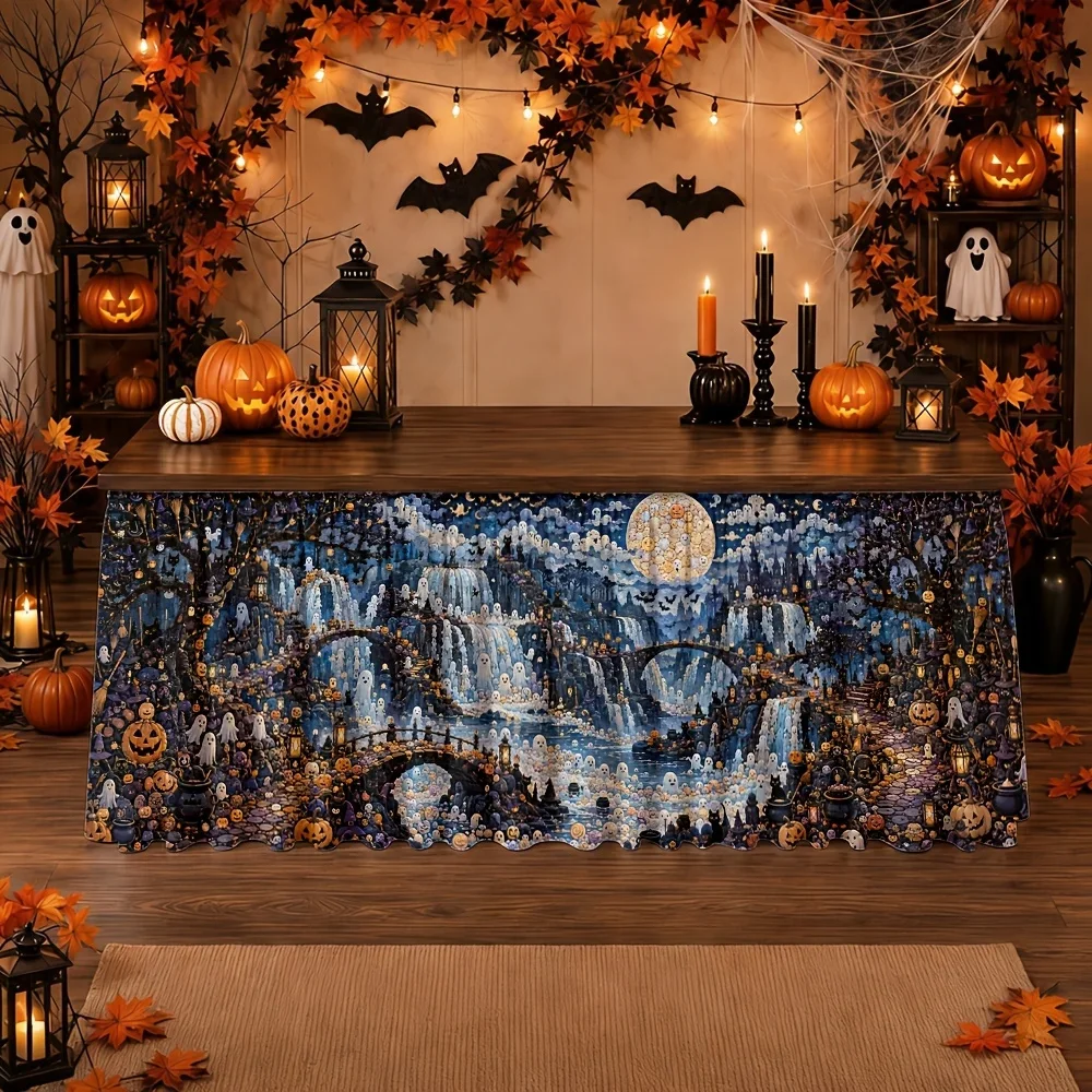 Table skirt / tableskirt Fantasy night scene Waterfall Bridge Full moon Pumpkin lantern Halloweenyzb