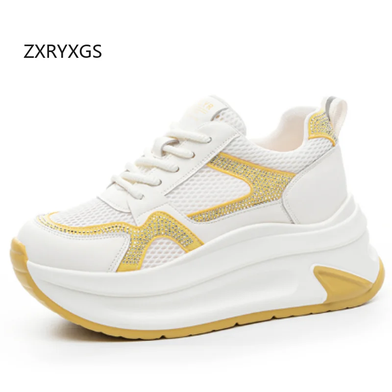 ZXRYXGS 2025 New Cowhide Splicing Mesh Rhinestone Breathable Sneakers Fashion Shoes Woman Platform Internal Elevation Shoes Tide