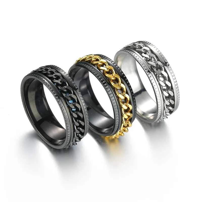 Punk Rock Stainless Steel Rotatable Cool Men's Ring Spinner Chain 3 Colors Unisex Party Creative Gift Hip Hop Jewelry