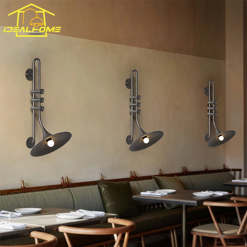 Designer Romantic Industrial Saxophone Wall Lamp LED Art Decorative Wall Lighting Commercial Restaurant Dining Room Background