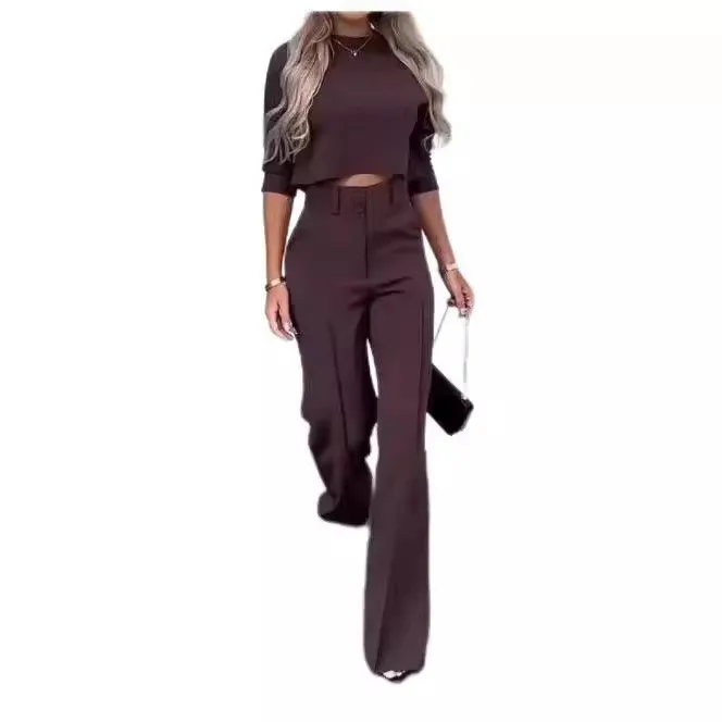 Patchwork Set Nine Tenth Sleeve Full Length Cute with Pocket Fresh Sweet Spring Sweet Fresh Long Pants T Shirt Top Women Sets