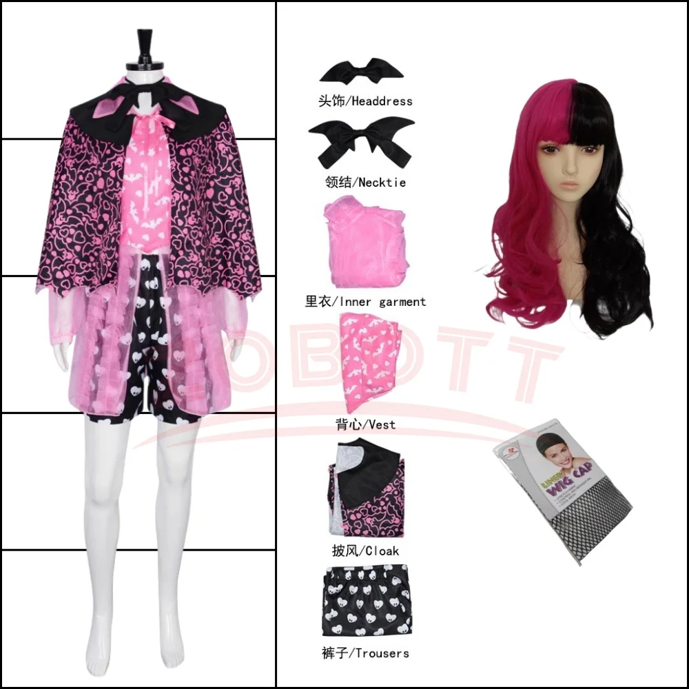 Anime Monster High Draculaura Cosplay Costume Pink DRESSES Cloak Accessories Wig Set Halloween Carnival Party Outfit for Women