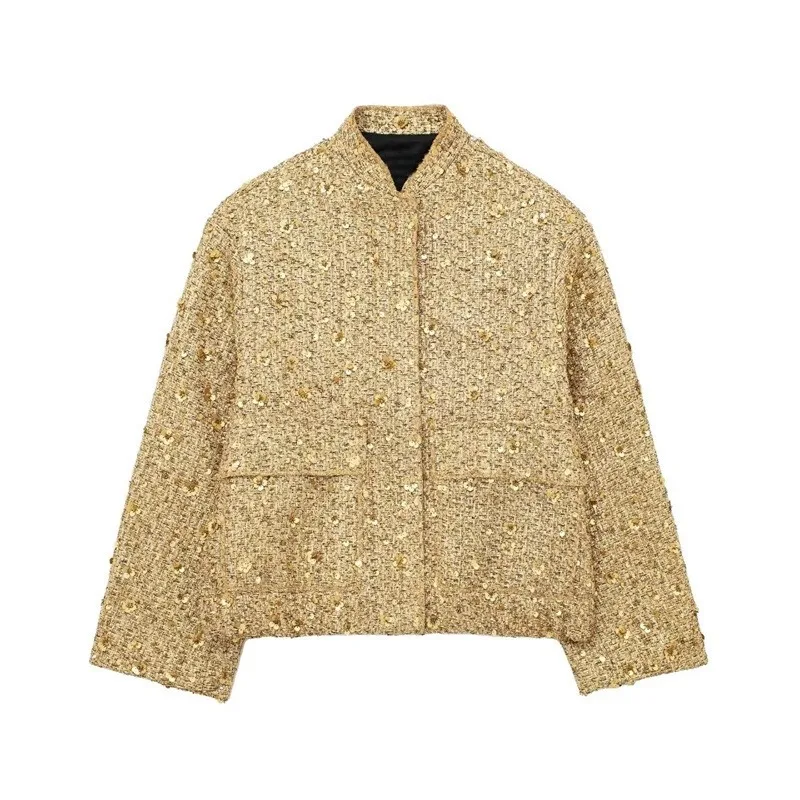 New Autumn Fashion European and American Cross-border Women's Clothing, Street Fashion, Individual Sequined Jacket Pocket Coat.