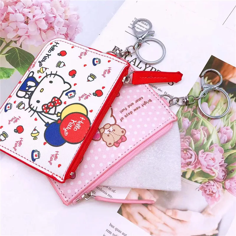 Kawaii Sanrio Hello Kitty Students Pu Campus Card Holder Coin Purse Cute Keychain Anime Card Case Pendant Woman Wallet Girl Gift