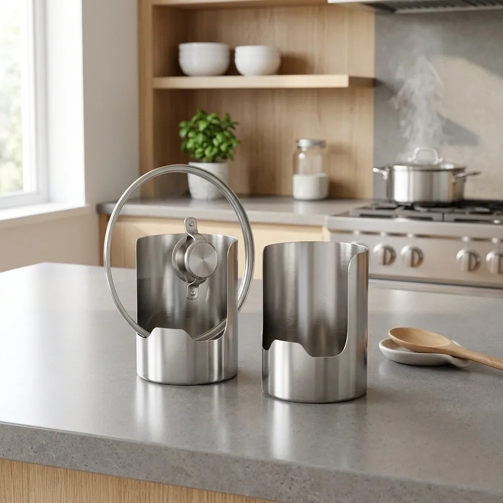 2pcs Stainless Steel Pot Lid Utensil Holder Multipurpose Kitchen Organizer Countertop Storage For Spoons Ladles Cutting Boards