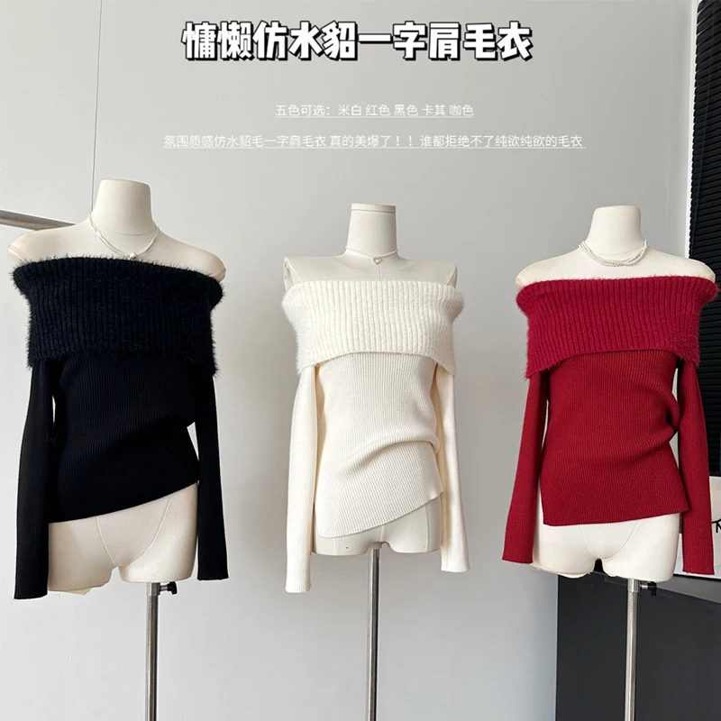 Autumn Winter Women Slash Neck Sweater Jumper Vintage Solid Color Knitwears 2000s Aesthetic Korean Designer Jerseys Old Money