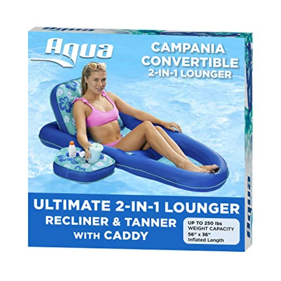 Pool Lounge For Adults, Aqua Campania Ultimate 2-In-1 Inflatable Float, Extra Large, Blue, Adjustable Backrest And Cupholder Ca