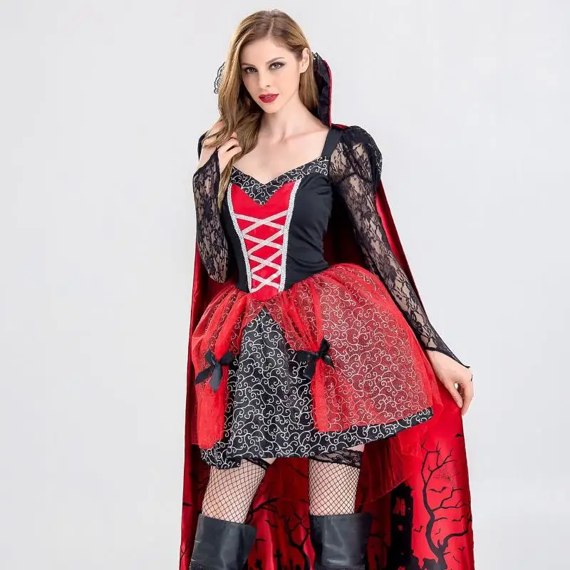 Color Cosplayer Halloween Witch Dress Women Medieval Vintage Vampire Cosplay Costume Lace Long Sleeve Party Performance Suits