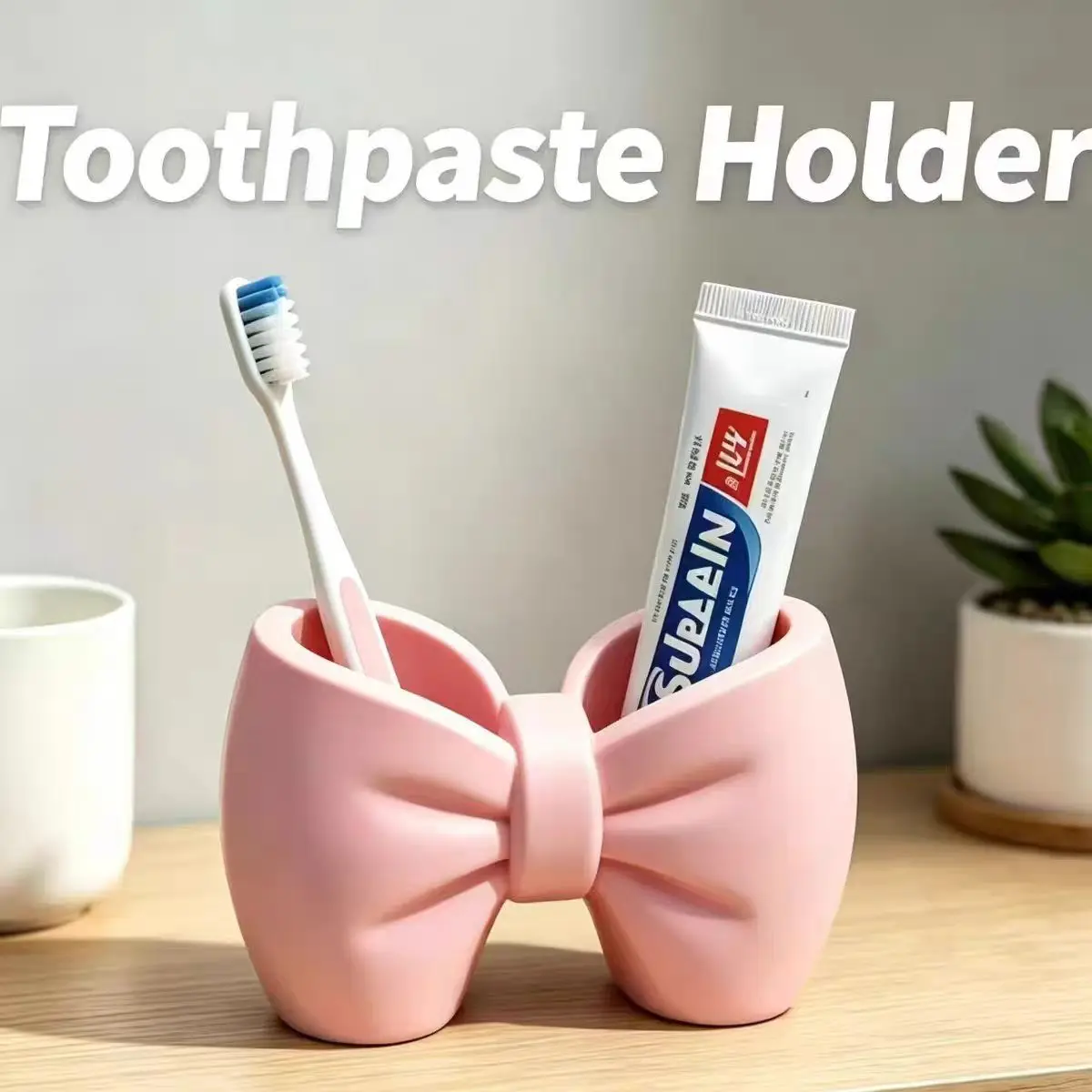 Freestanding Bow Plastic Toothbrush Holder Cute Multifunctional Pen Holder No Installation Bathroom Bedroom Desktop Storage Rack