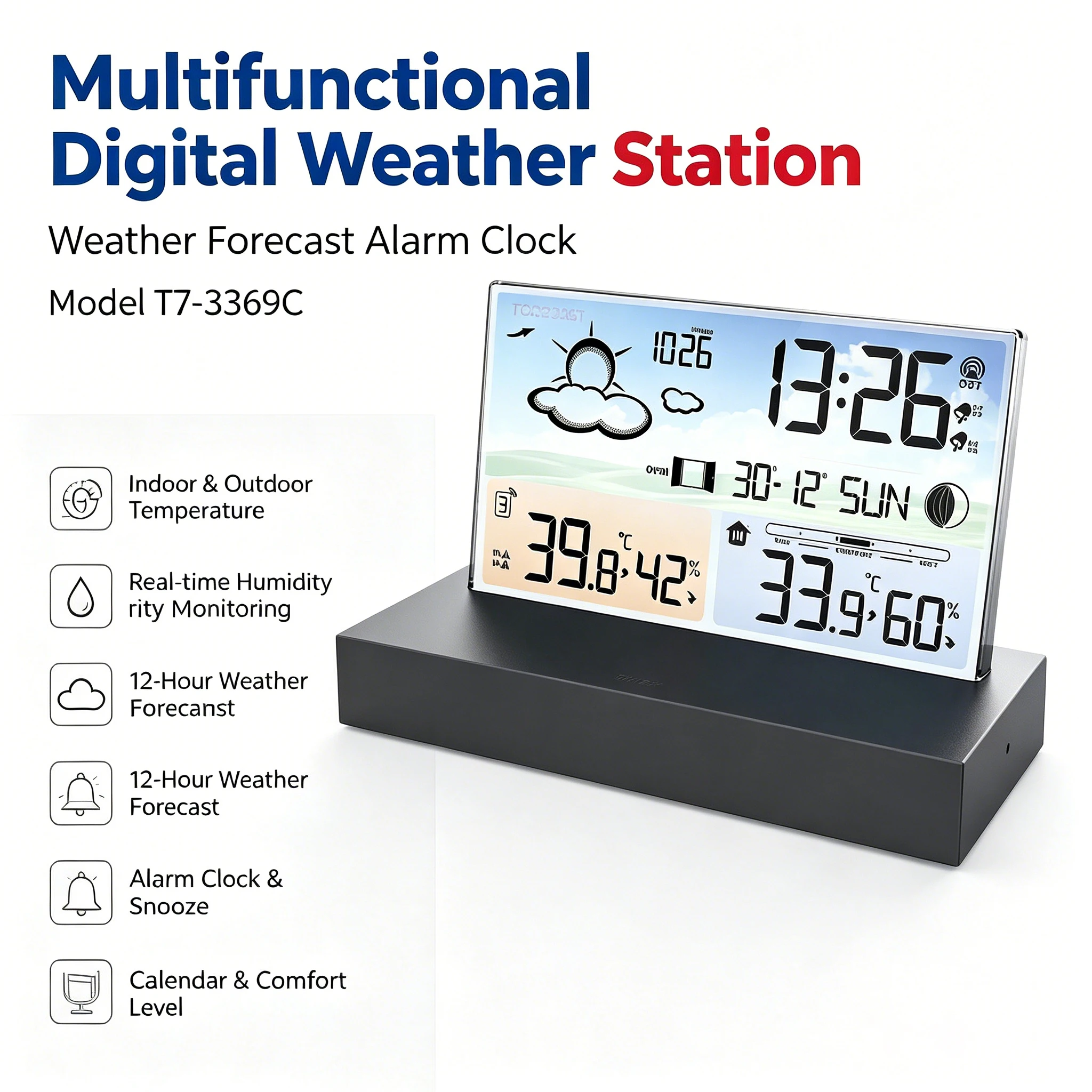 Multifunctional Digital Weather Station Forecast Alarm Clock Indoor Outdoor Temp Sensor Humidity Meter Calendar