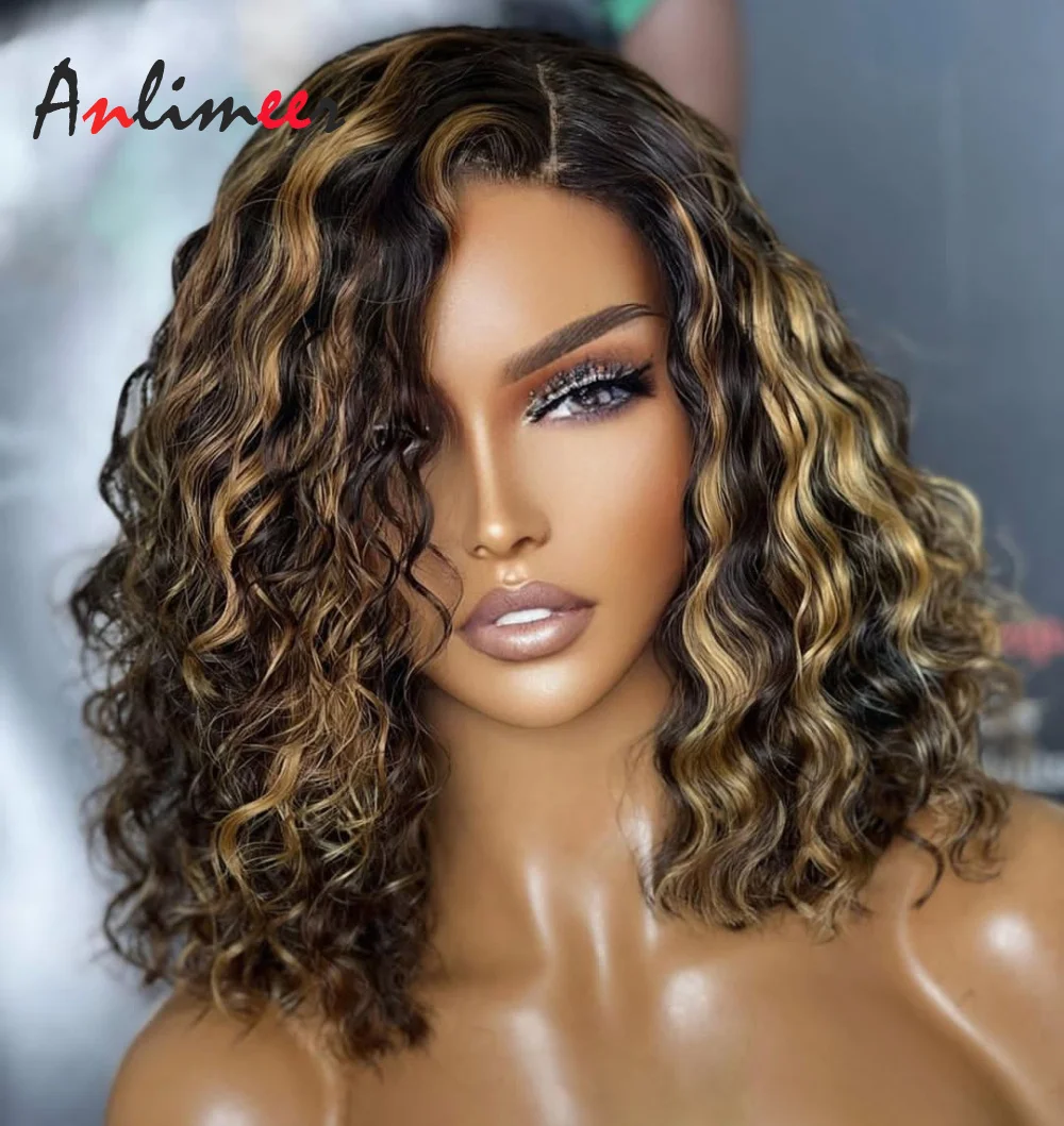 ฐานผ้าไหมวิกผมสตรอเบอร์รี่ Blone ไฮไลท์วิกผมสั้น Curly Wigs ด้านหน้าลูกไม้เส้นผมมนุษย์ Pre Pluncked กับลูกผมสำหรับผู้หญิงสีดำ