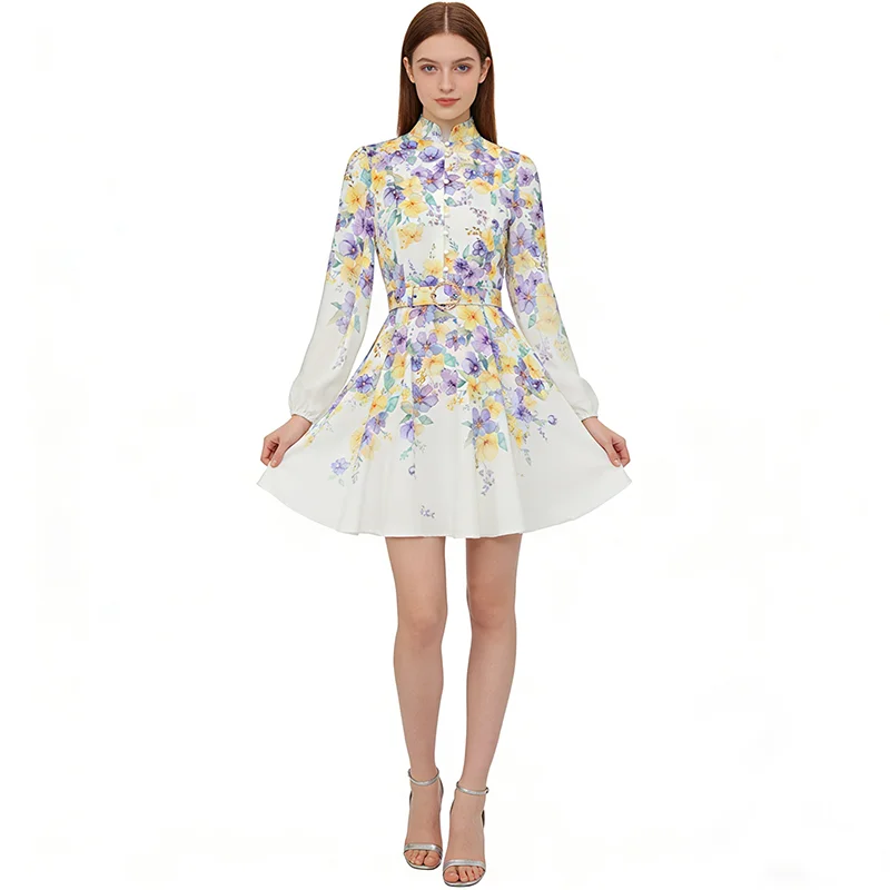 

Women's Summer Floral Print Dress Stand Puff Sleeve Single Breasted A-Line Mini Holiday Party Vestidos with Belt