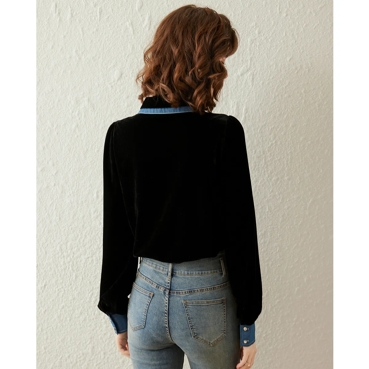 LOUIS YAO 2025 Retro Velvet Fake Two piece Shirt Contrasting Color Cowboy Splicing Collar Long Sleeve Women's Shirt