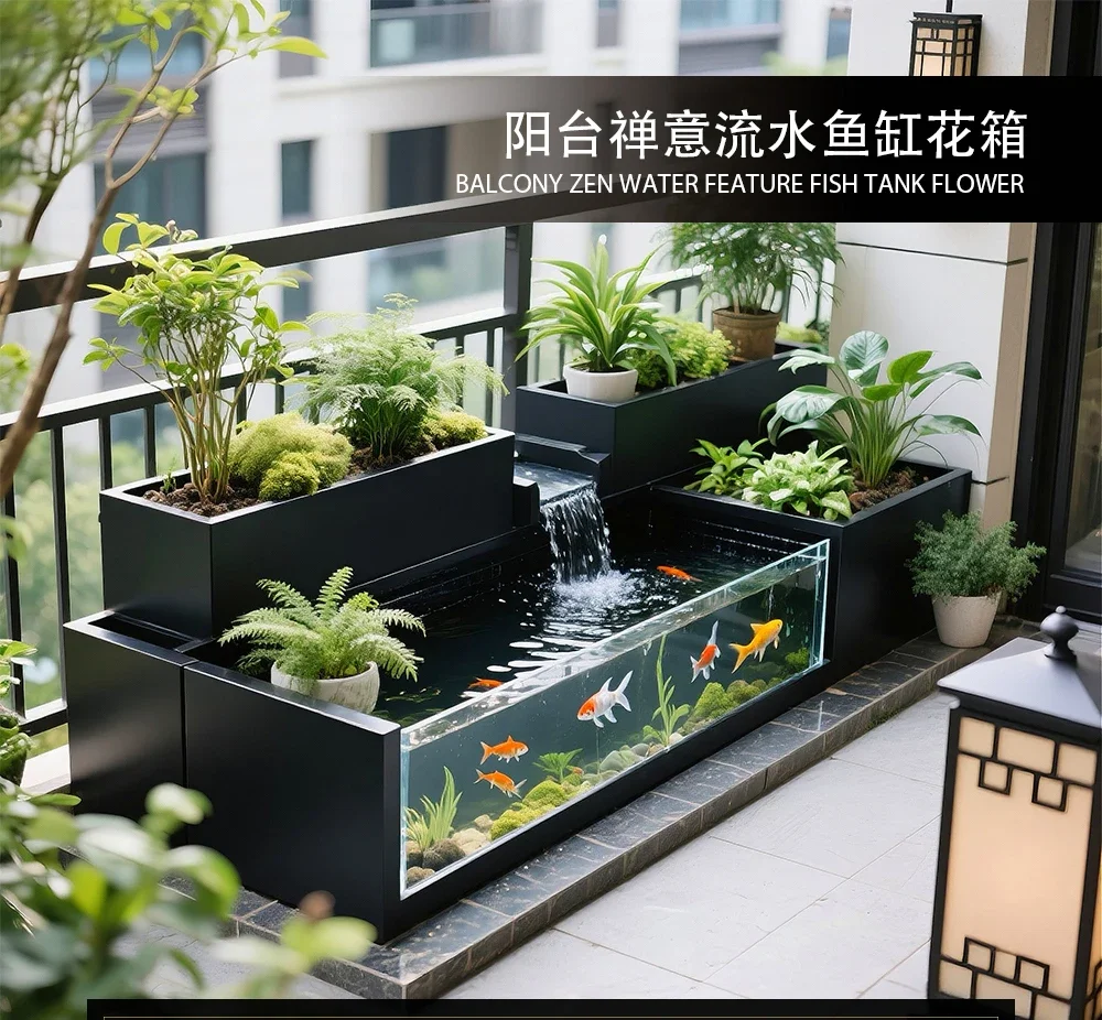 Balcony Creative Flowing Water Fish Tank Flower Box Metal Tempered Ultra White Glass Terrace Circulating Fish Pool Stainless Ste