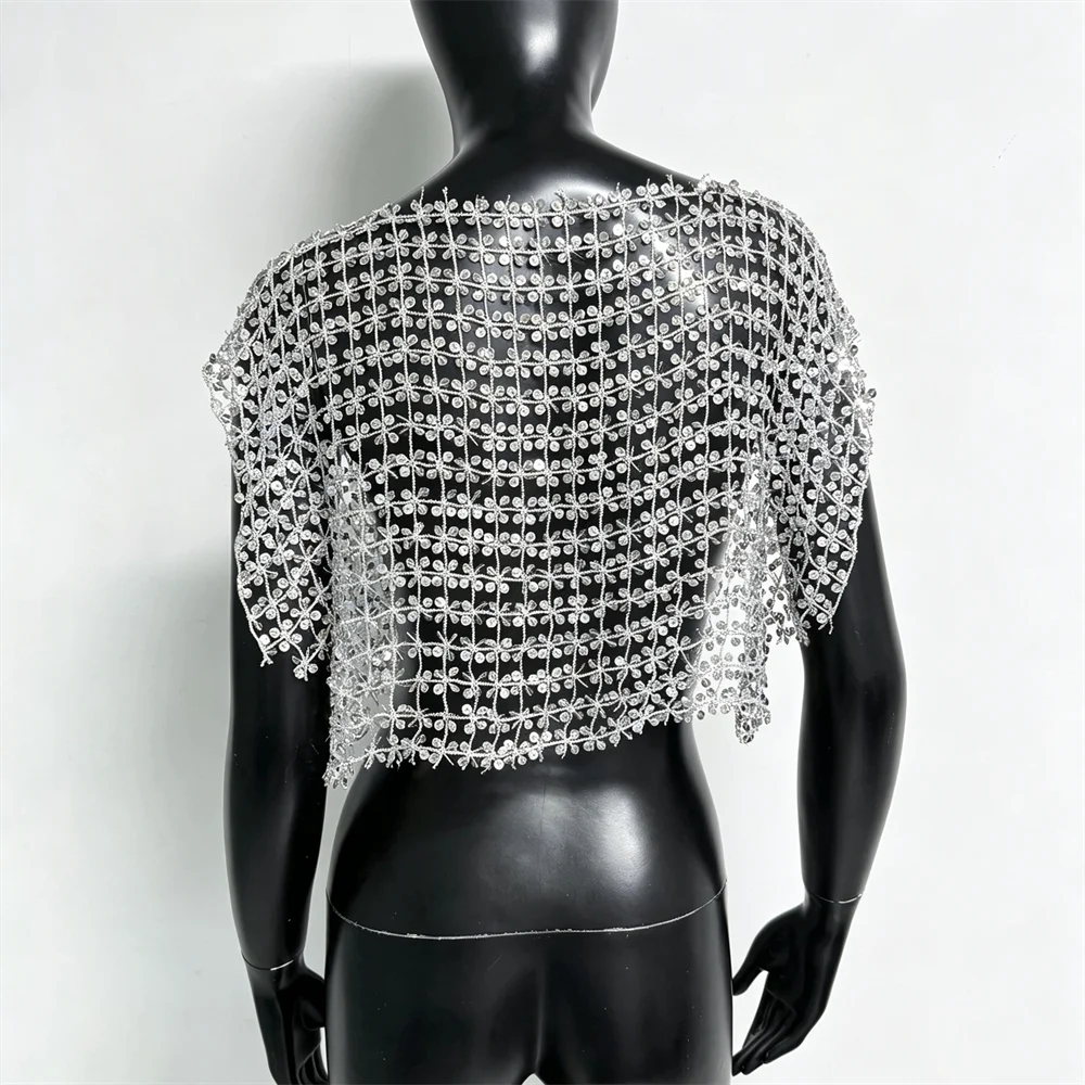 Damen Acryl-Pailletten Mesh Crop Tops Sexy Ausgehöhlt Durchsichtig Handgefertigtes Patchwork T-Shirt Rave Festival Party Tanktops – Detail 13