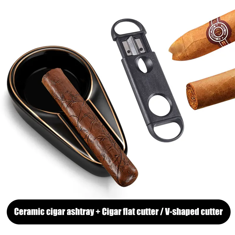2 Set Cigars Tools Cigar Cutter Set Cuter Cigar Home Ashtray Portable Bag Cigars Tray Supplies Accessories