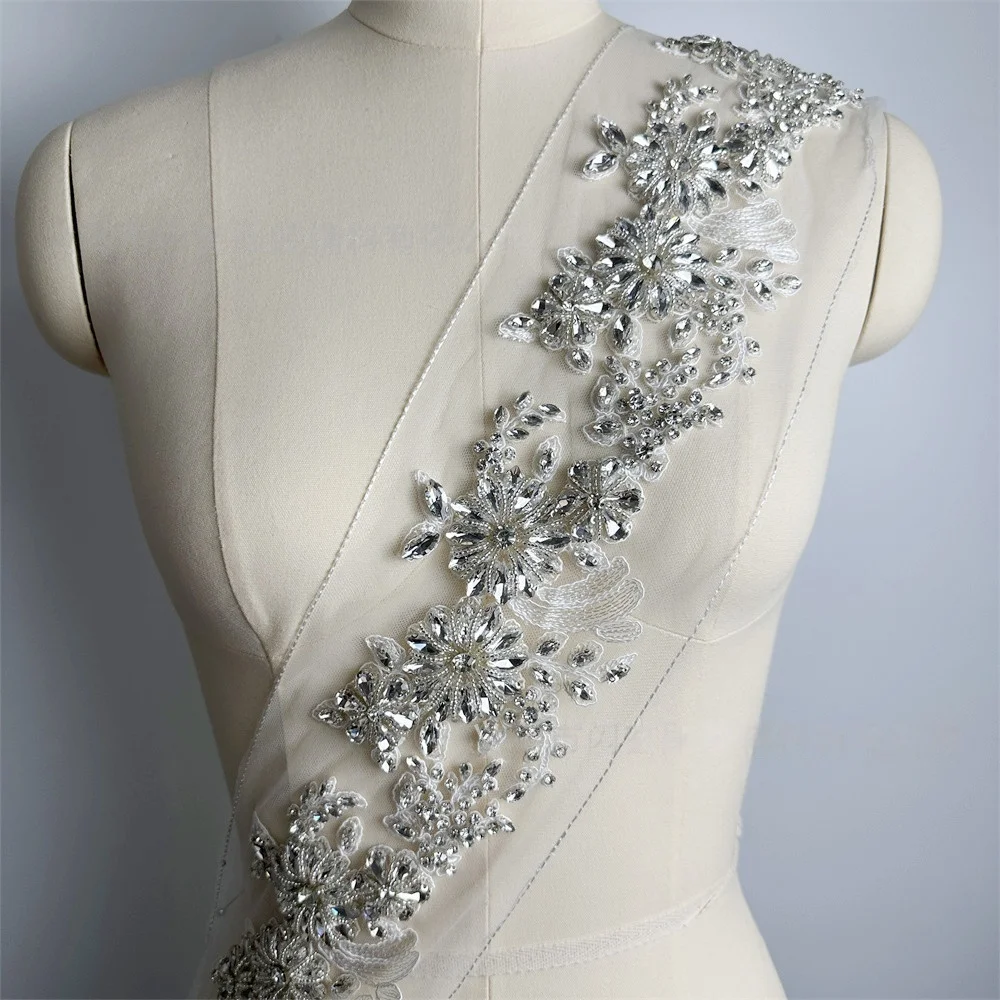 

7 Colors Beaded Crystal Lace Trim with Pattern Embroidered Floral Bridal Appliqued for Evening Dresses Fabric