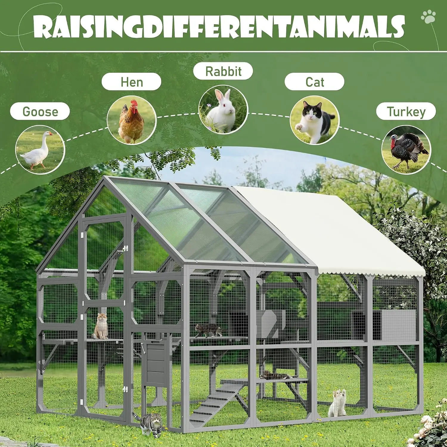 Large Outdoor Cat Enclosure for Multiple Cats with 7 Platforms 2 Boxes Bridge Ramp Sunshine Roof Walk-in Cage 49 ft², Customized