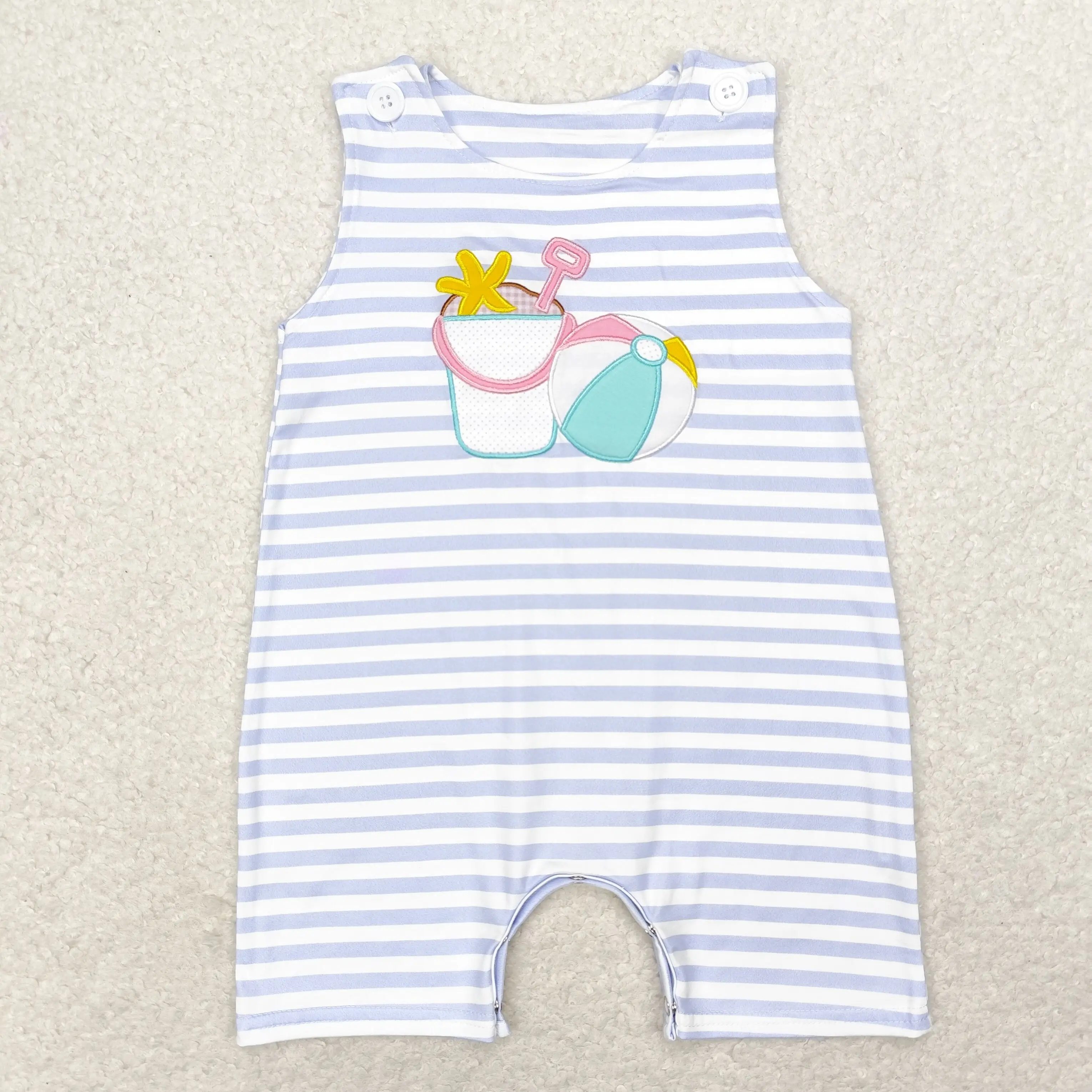 

SR1517 New Arrival baby rompers boys Embroidered beach blue and white striped romper Wholesale Summer Boutique baby boy clothes