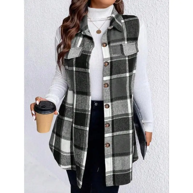 plus Size Plaid Print Button Front Vest Coat Casual Large Women's Autumn Winter Fashion Outerwear Pear Shape Body Type