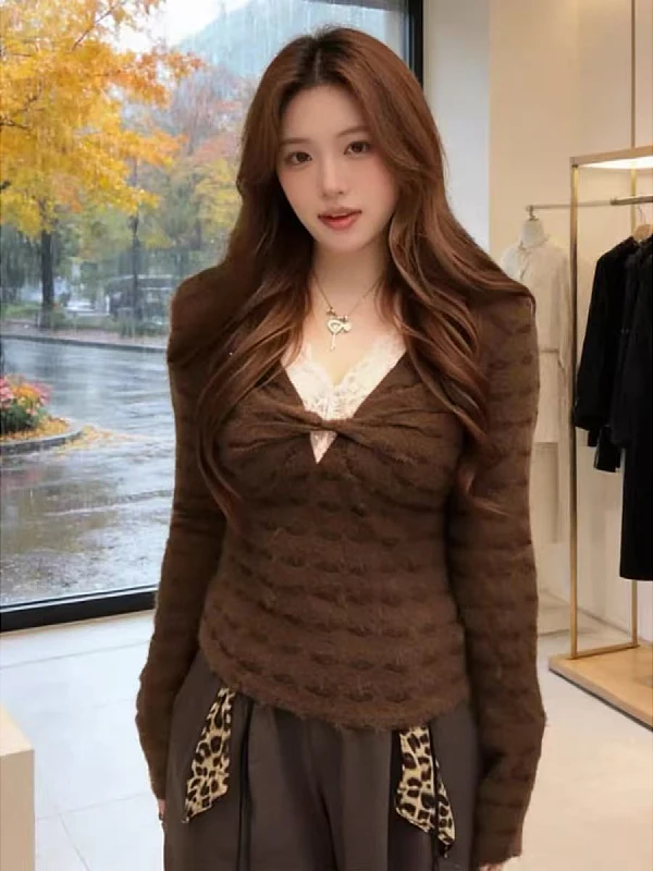 

Женская удлиненная футболка больших размеров в корейском стиле с V-образным вырезом, кружевной отделкой и поясом, облегающая, для ношения под одеждой, на осень-зиму