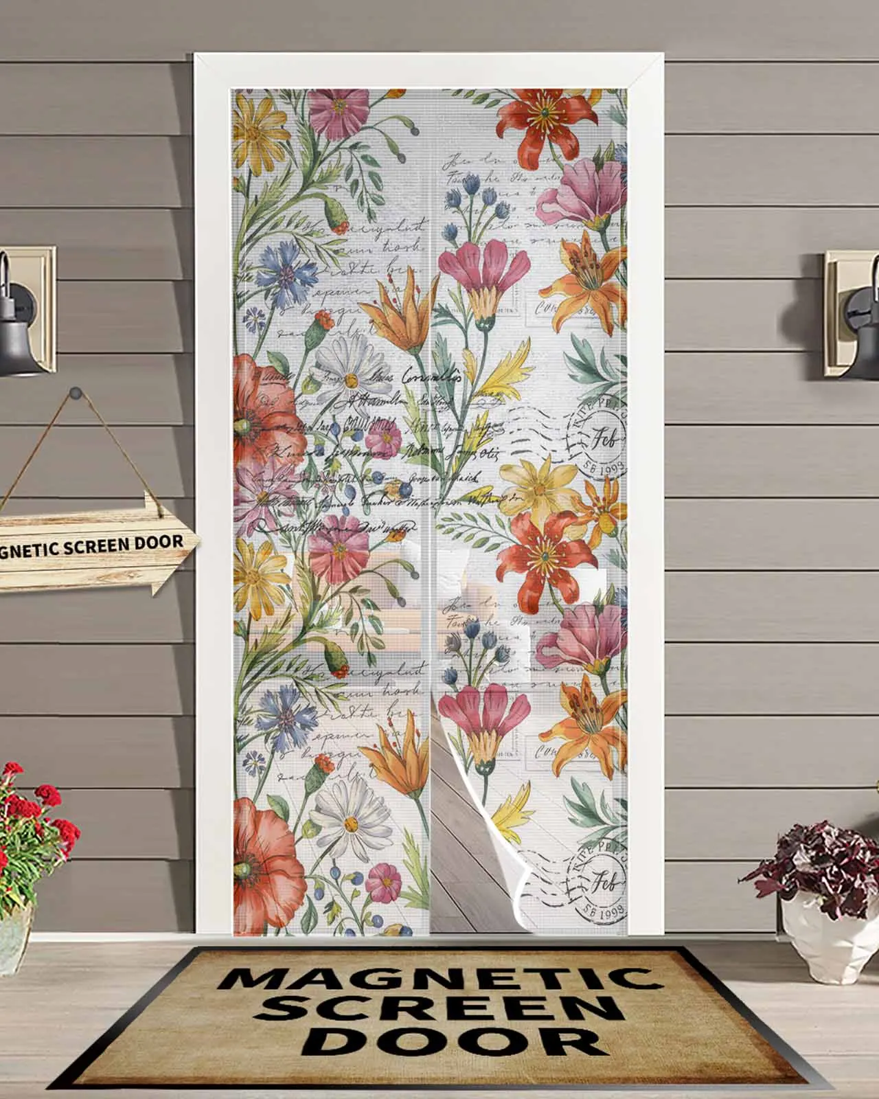 

Retro Spring Flower Illustration Magnetic Door Curtain Living Room Bedroom Home Anti-mosquito Screen Door Curtain