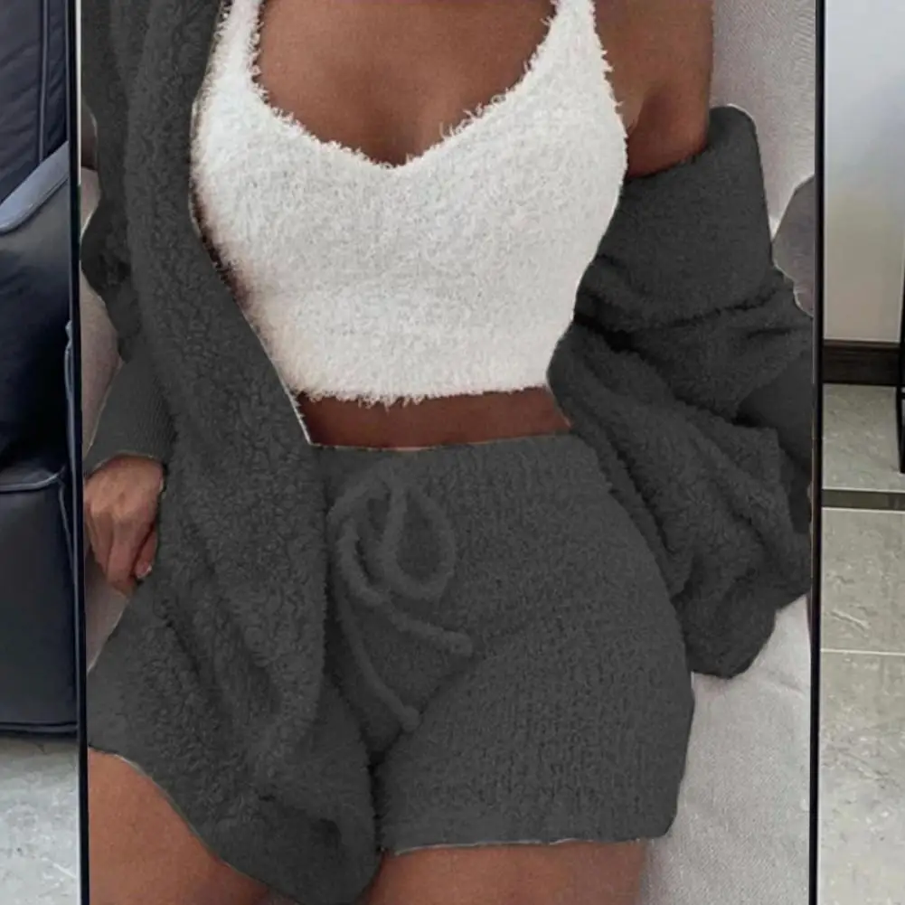 Fluffy Women Pajamas Set Sexy Tank Top Shorts Hoodie Leisure Homsuit Winter 3 Pieces Pijamas Thick Plush Loungewear Sleepwear