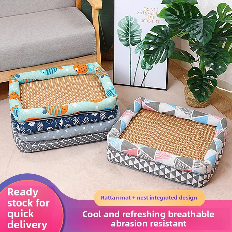 

Pet Cooling Mat Summer Linen Dog Bed Heat Avoidance Rattan Woven