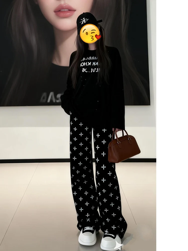 Extended Length Casual Pants Women's Loose Slimming Black Cross Design High Waist Straight Leg Comfortable Breathable Polyester