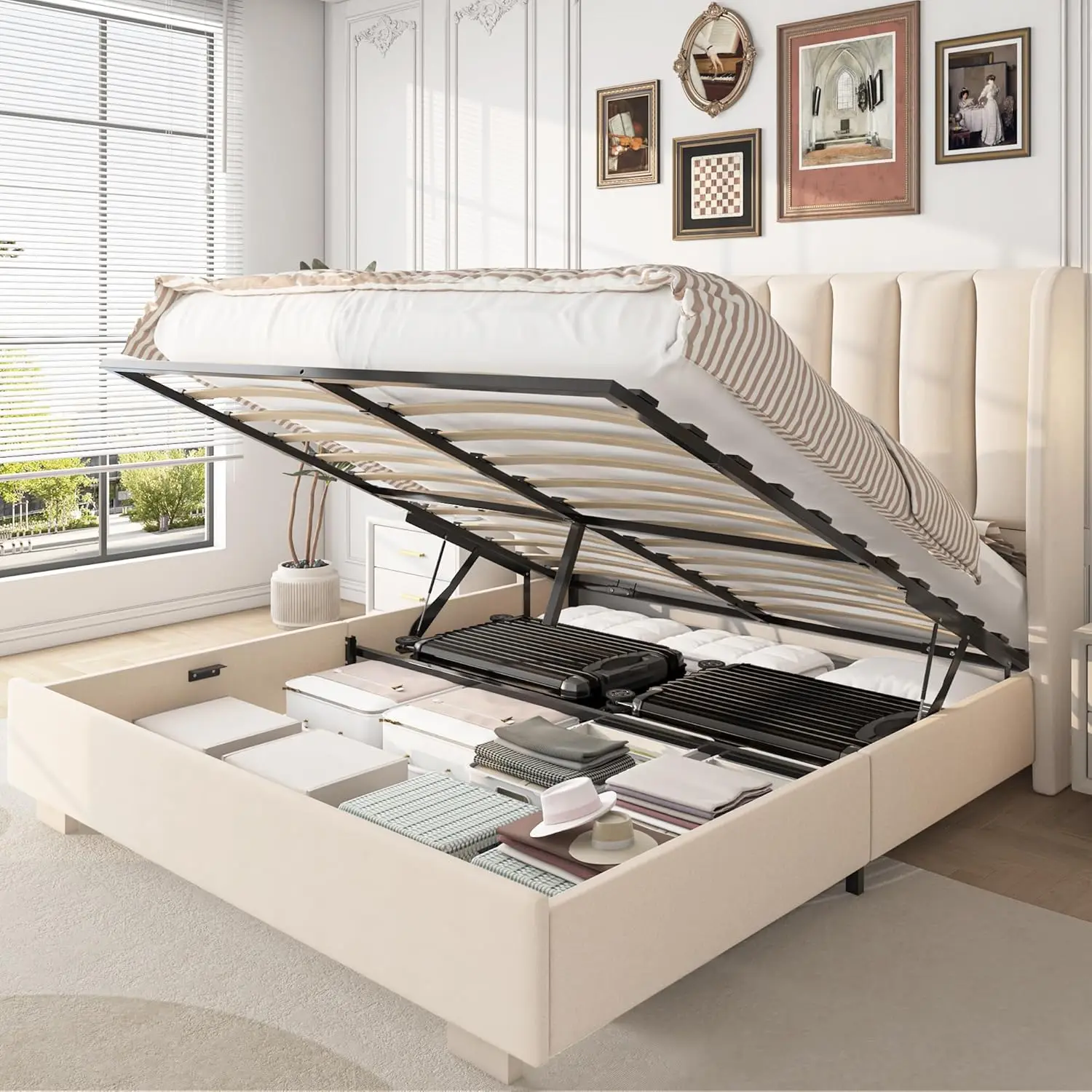 Lift Up Storage Bed Frame with 51" Tall Headboard, Queen Size Bed Frame with Storage Underneath, Velvet Wingback, Customized