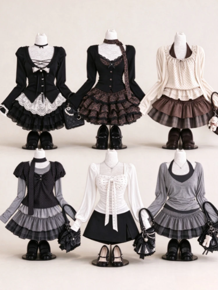 Harajuku Retro Y2K American Vintage 2 Piece Outfits Women Kawaii Subculture Shirts + Skirt Korean Fashion Casual Matching Sets