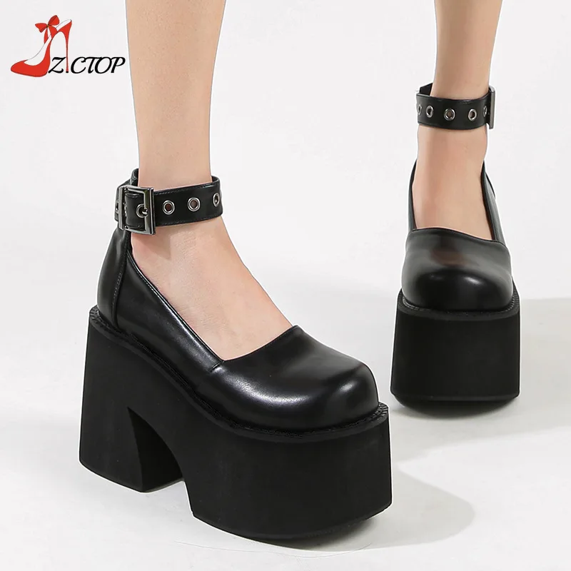

Black Chunky Platform Pumps Women Ankle Buckle Super High Heels Mary Jane Shoes Goth Punk Lolita Shoes Plus Size 42 43