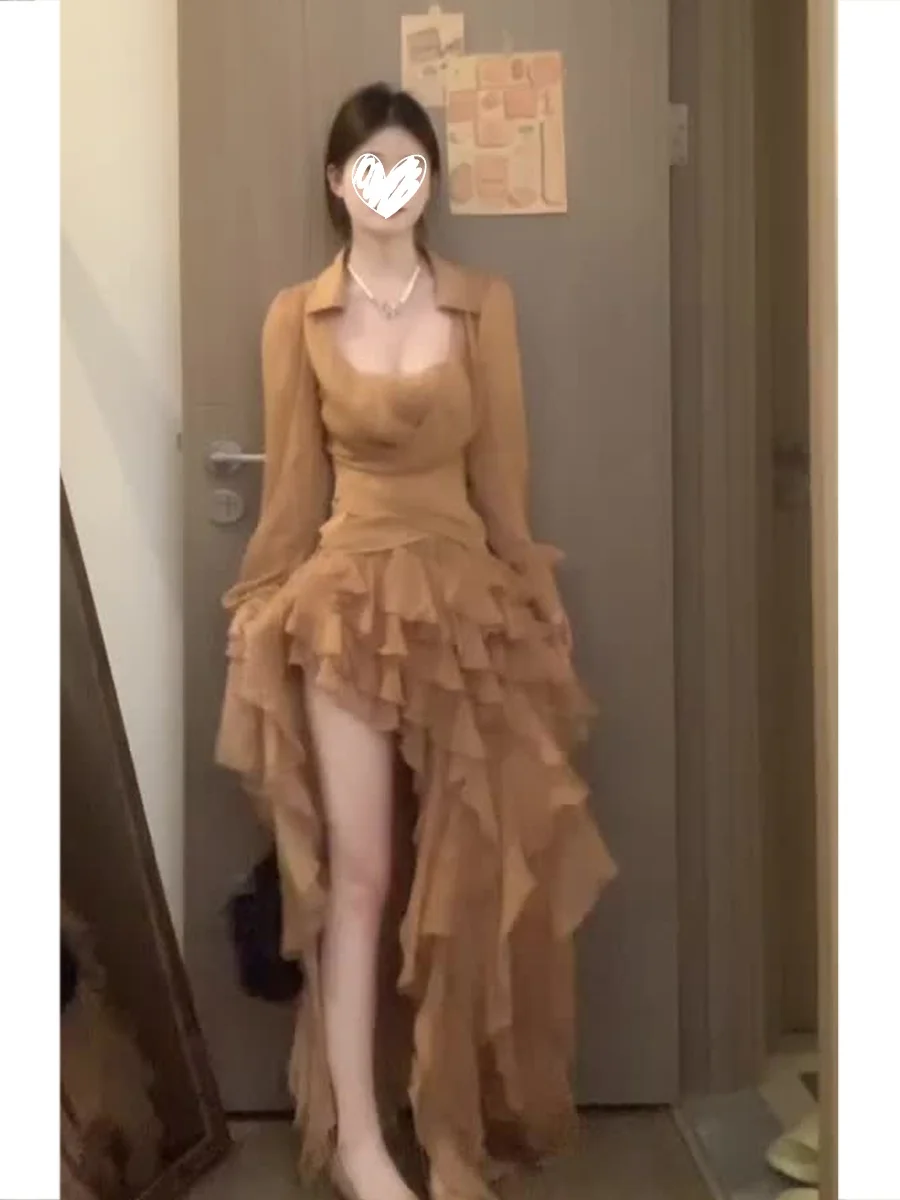 

Sexy Spicy Girl Lace Trim Chiffon Long Sleeve Top Strap Vest Halter Skirt Set Women's Fashion Autumn Collection Casual Style