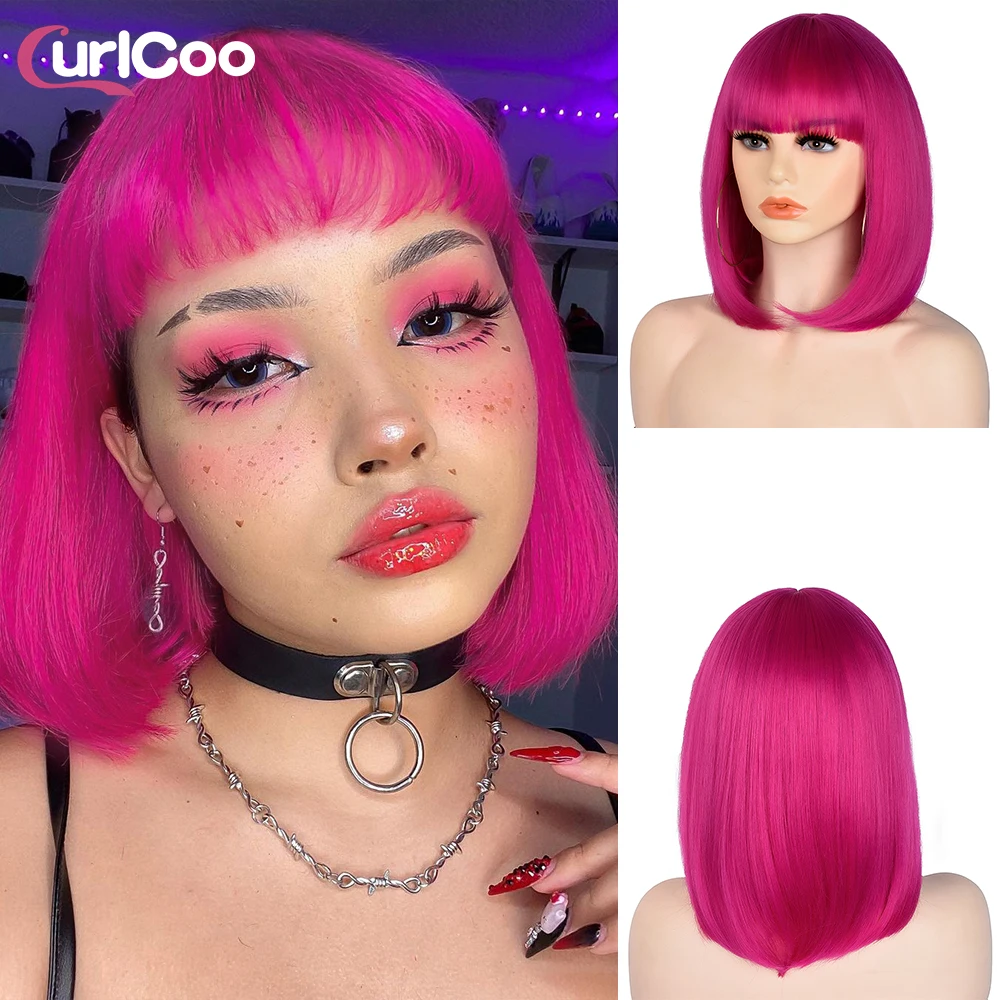 

Short Bob Wig With Bangs Straight Synthetic Wigs for Women Ombre Rose Red Pink Heat Resistant Lolita Cosplay Party Hair CurlCoo