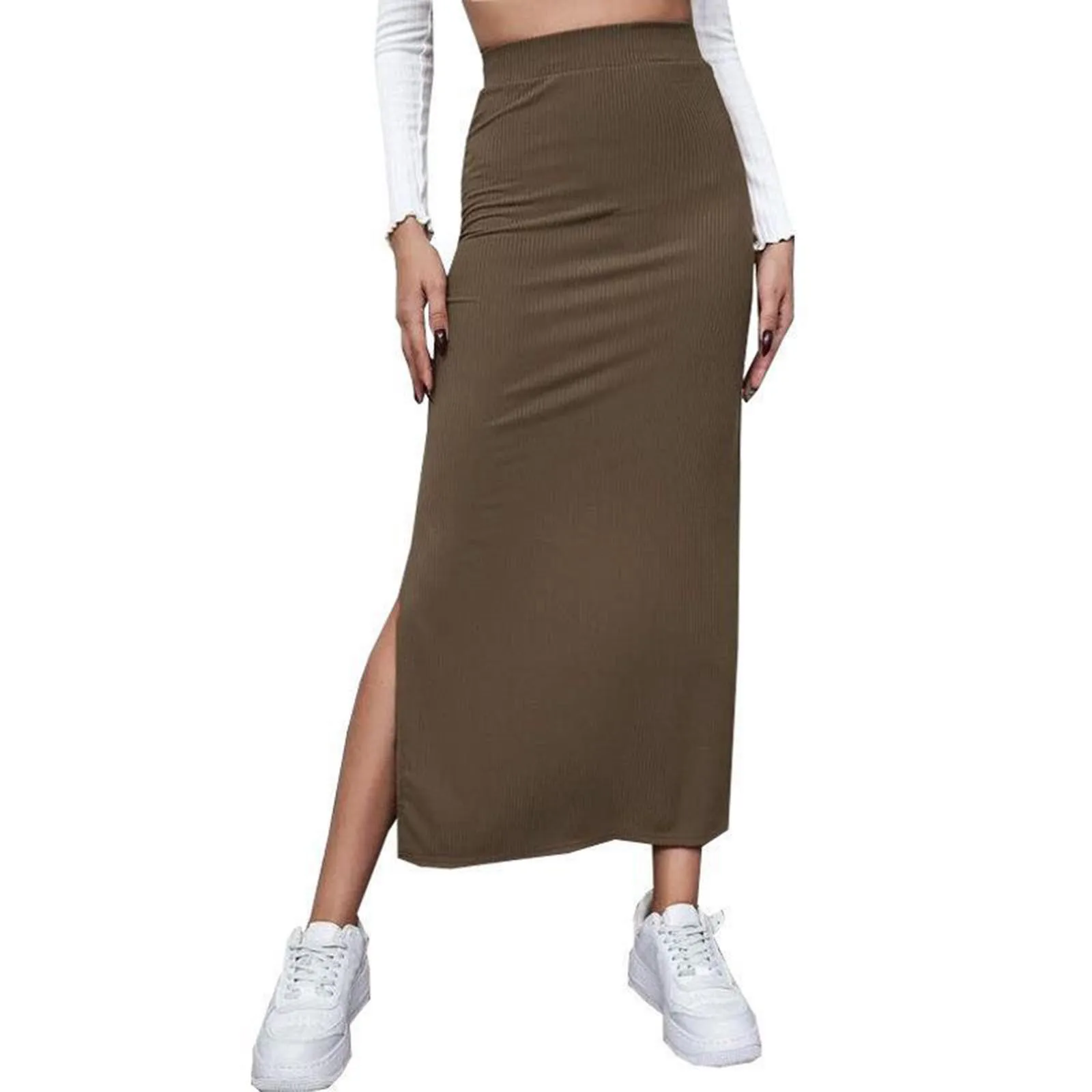 Women Solid Color Long Skirts High Waist Bodycon Straight Split Skirt Korean Fashion Elegant Skirts for Summer Autumn Harajuku