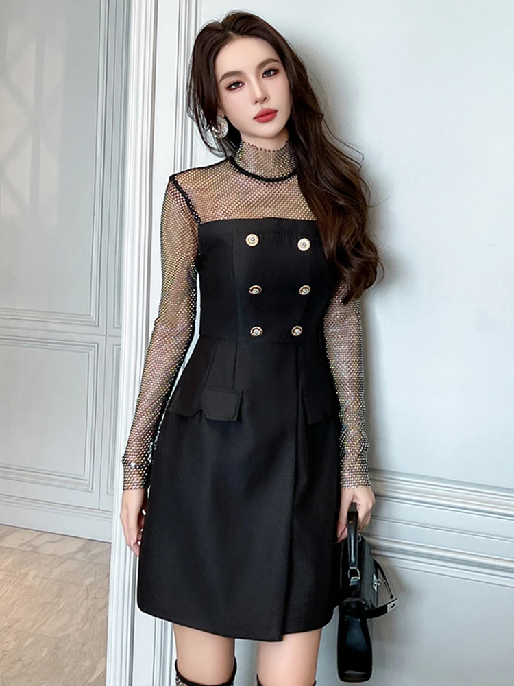 Moda donna lusso nero glitter abiti corti da sera abbigliamento donna sexy cava sottile mini abito da ballo Mujer abiti Fiesta