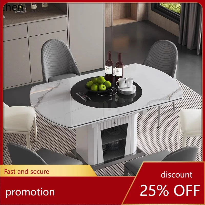 HT light luxury rock slab dining table simple new model with induction cooker embedded turntable dining table variable round
