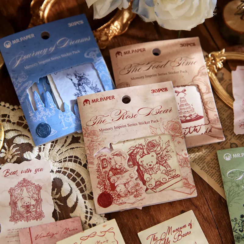 30pcs Memory Imprint Series Retro Art Label Stickers Material Pack DIY Handmade Scrapbook Aesthetic Craft Supplies