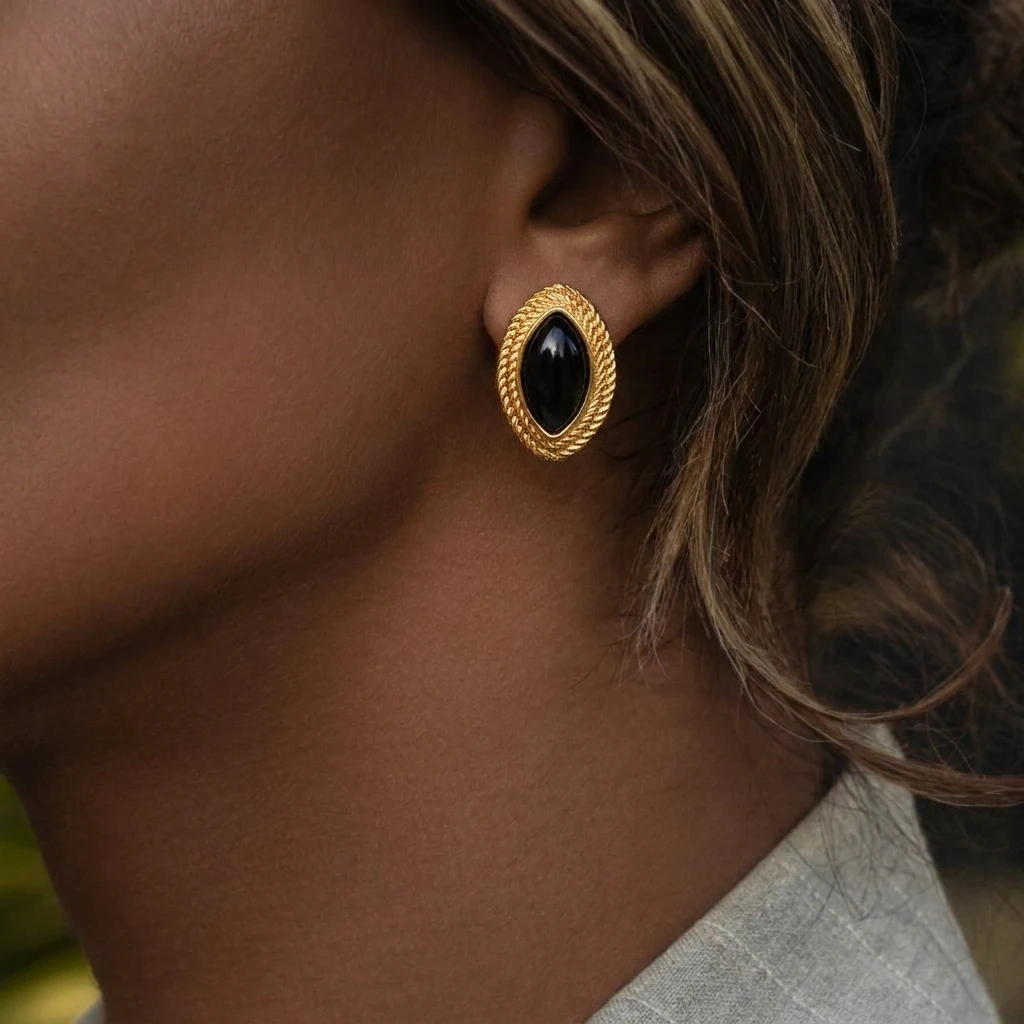 Klobige Vintage Schwarze Edelstahl-Ohrstecker für Frauen Unregelmäßige Geometrische Vergoldete Ohrringe Wasserfester Ohrschmuck – Detail 1