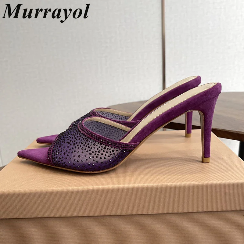 

Slippers Women Mesh Pointed Toe Sandals Summer Bling Crystal Decor Thin High Heel Sandalias Mujer Party Banquet Shoes Stiletto