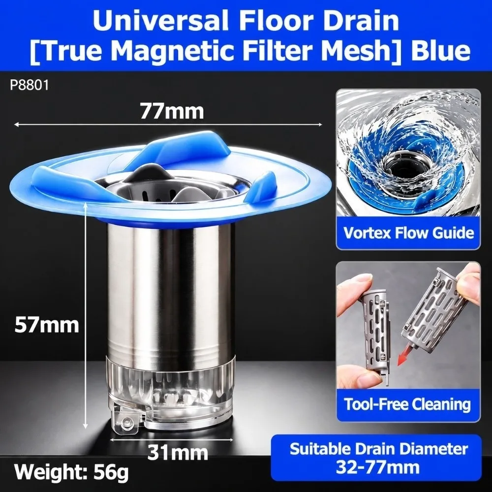 Magnetic Sealing Floor Drain Turbine Guide Double Seal Bathroom Drain Universal Fit Stainless Steel Kitchen Sink Drain