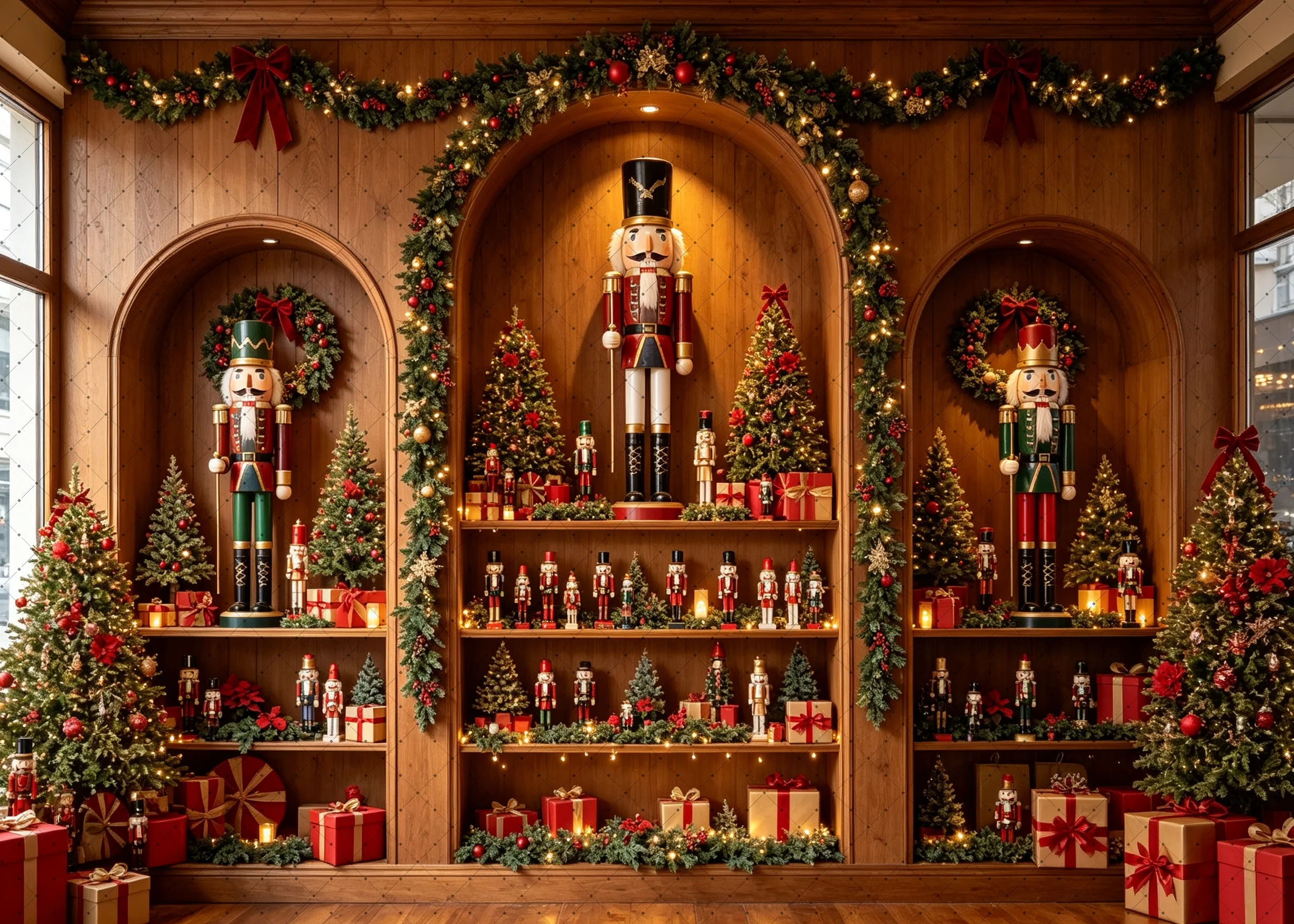 Christmas Photo Backdrop Nutcracker Figures Xmas Tree Gift Boxes Wreath Winter Holiday Family Portrait Studio Background
