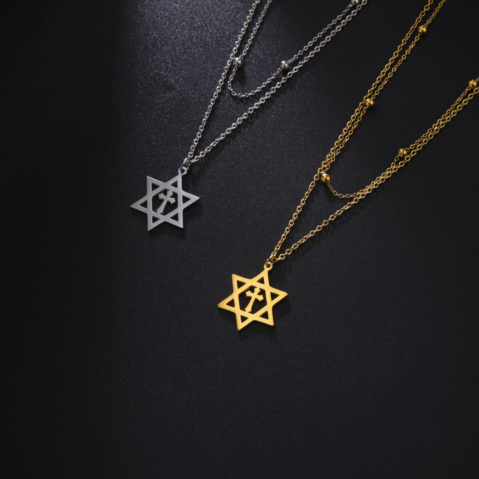 Cazador Stainless Steel Gold Color Star of David Christian Cross Pendant Necklace Jewelry Necklaces for Women Men Jewish Israel