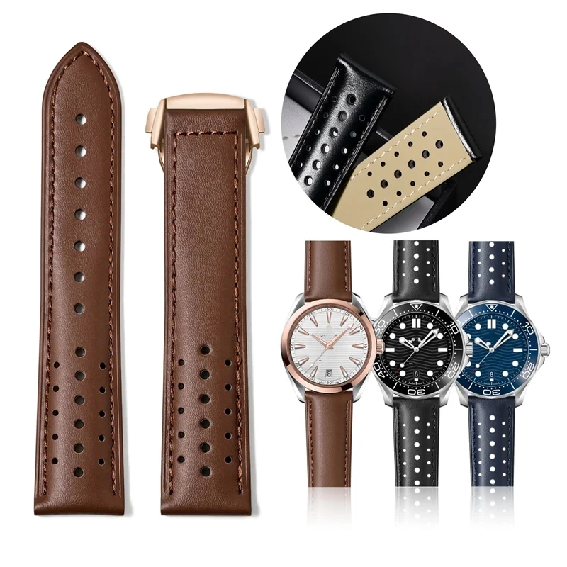 Luxury Leather breathable Watch Strap 20mm Bracelet for Omega SEAMASTER 300 Speedmaster DE VILLE Folding Buckle Watch Accessory
