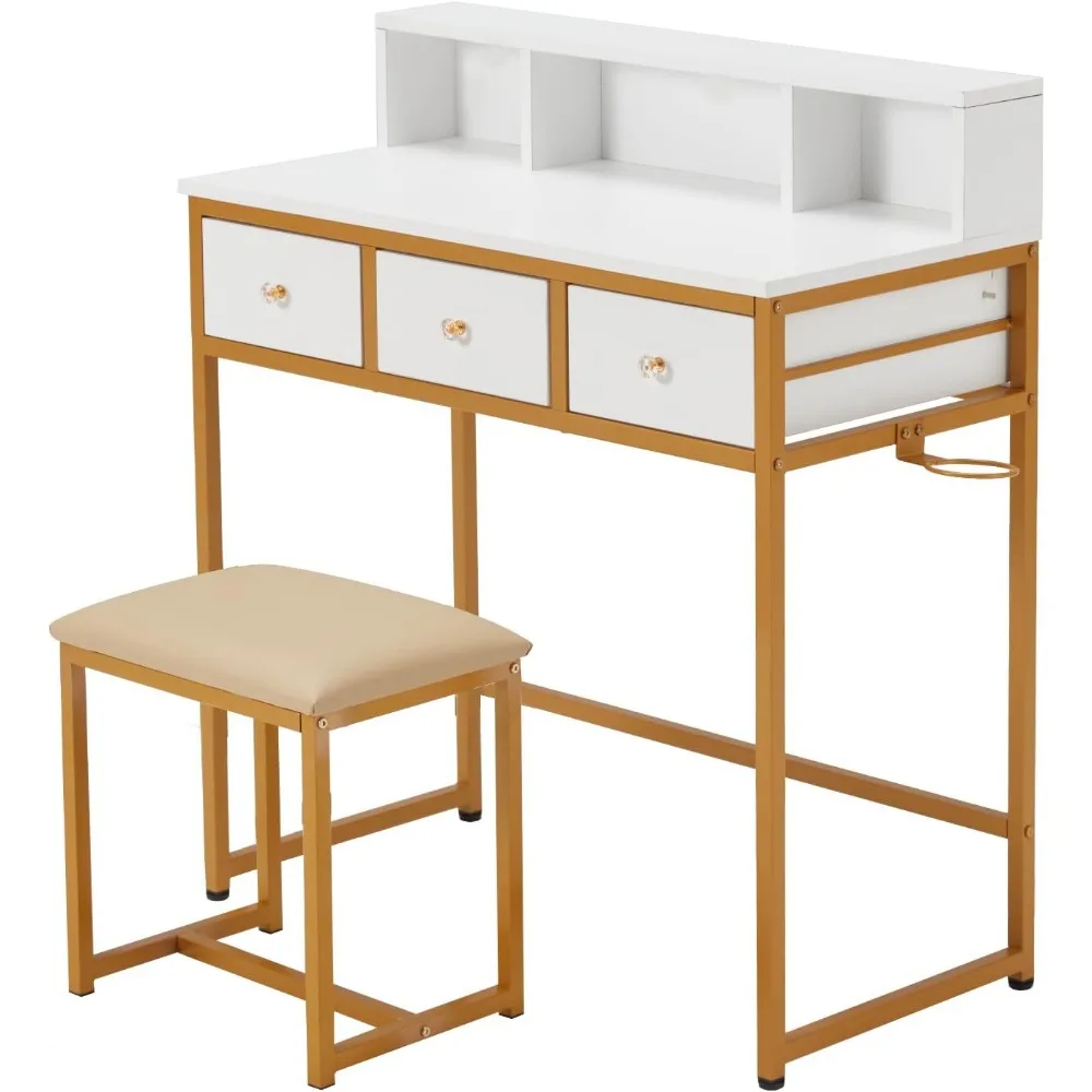 

32 Small PC Desk with PU Leather Stool, Vanity Dressing Table with 3 Open Shelves and Drawers, Work Writing Desks for Corner Bed